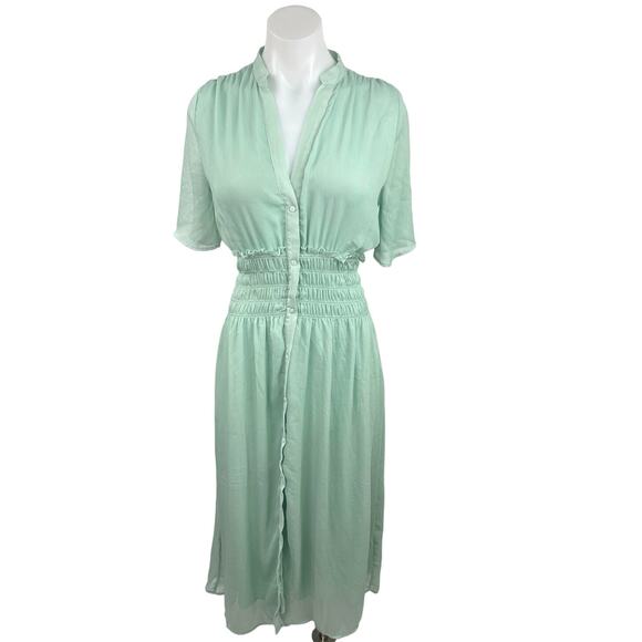 Zara Mint Green V Neck Smocked Waist Soft Half Sleeve Maxi Shirt Dress Size S - Picture 1 of 5
